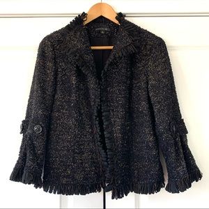 Lafayette 148 Sz 4 Open Front Textured Jacket Fringe Trim Black Brown Topper